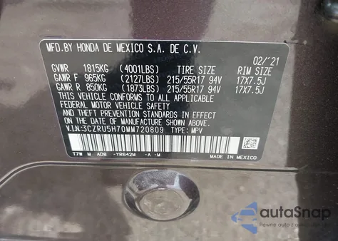 2021 Honda Hr-V 2Wd Ex-L z USA, uszkodzony, nr VIN 3CZRU5H70MM720809